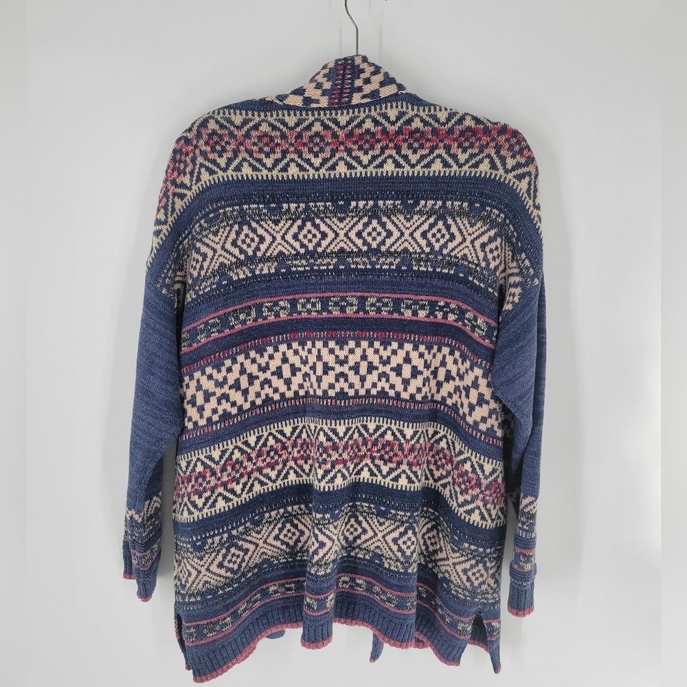 Chaps‎ Womans Open Long Cardigan Blue Southwest Print Cotton Blend Sz Large - Picture 3 of 4